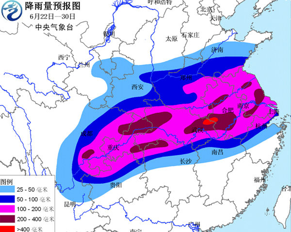 6月22日-30日,淮河流域降雨量预报.